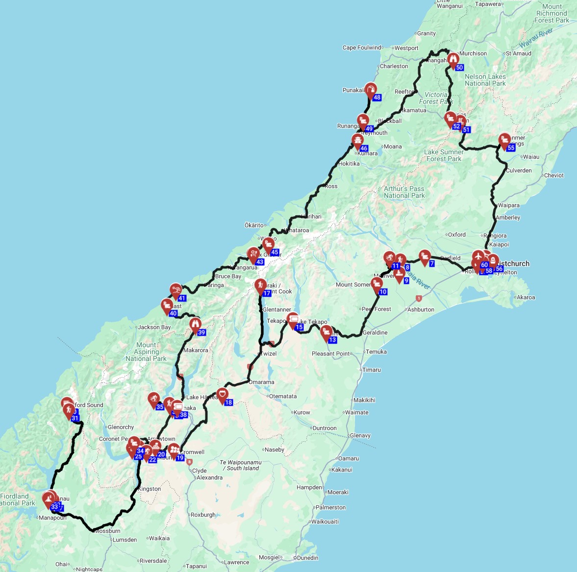 Map for Christchurch  Roundtrip - South Island Winter Wonders RV Road Trip Through New Zealands Ski and Spring Highlights